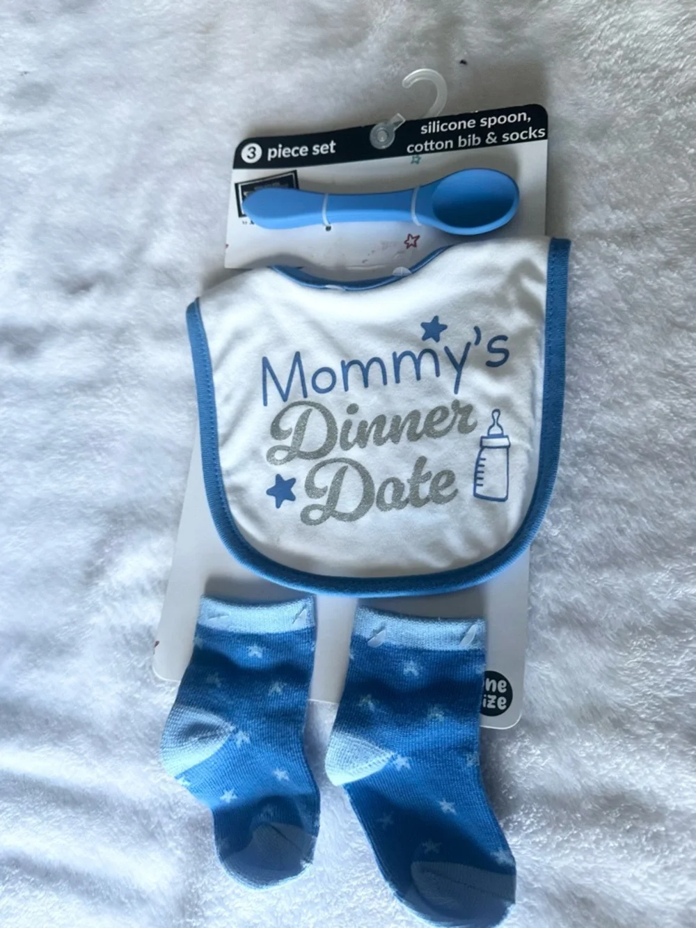 Blue 'Mommy's Dinner Date' Bib, Spoon & Socks Set